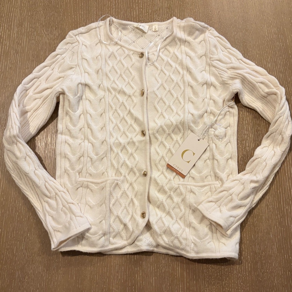 Cyrus Women's Small Ivory Cable Knit Cardigan Sweater Gold Tone Buttons NWT